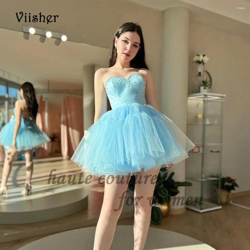 Feestjurken Viisher Sparkly Blue Short Homecoming voor tieners Parels Sweetheart A Line Tule Galajurk Back Lace Up