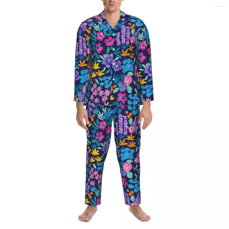 Hemkläder ljusa blommor sömnkläder våren livlig blommig pirnt vintage överdimensionerad pyjama set män långärmad härlig sovrum nattkläder