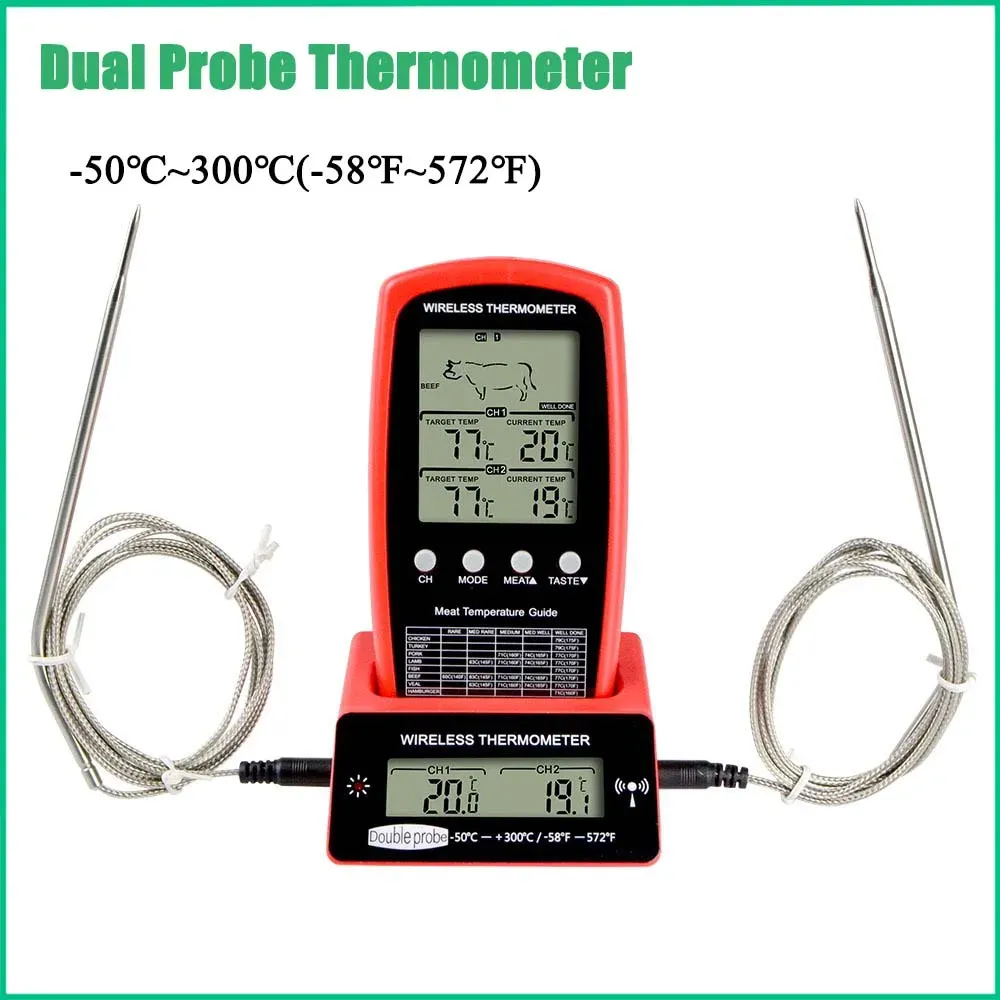 Jauges Thermomètre numérique à double sonde pour barbecue, four de cuisine sans fil, gril de cuisson des aliments, fumeur, thermomètre à viande, minuterie, outil de jauge d'alarme