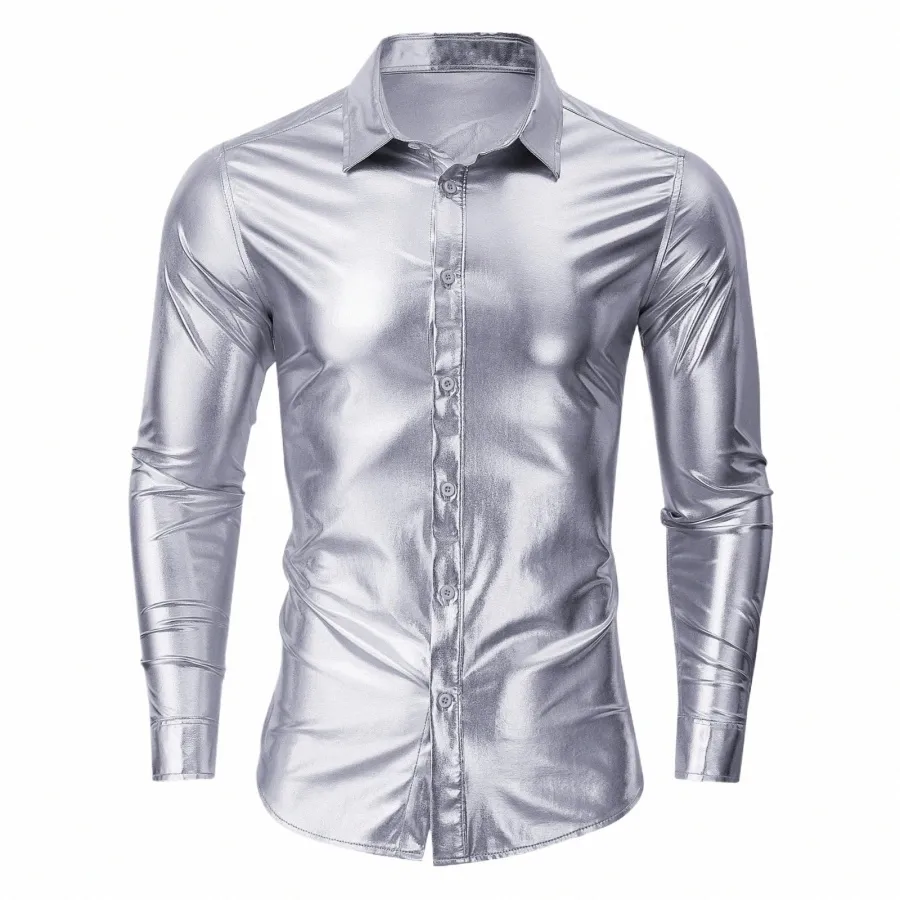 Hommes 70 Disco métallique brillant Sier chemises coupe régulière Lg manches vêtements mâle Fi Party discothèque bal Banquet Chemise P7HX #