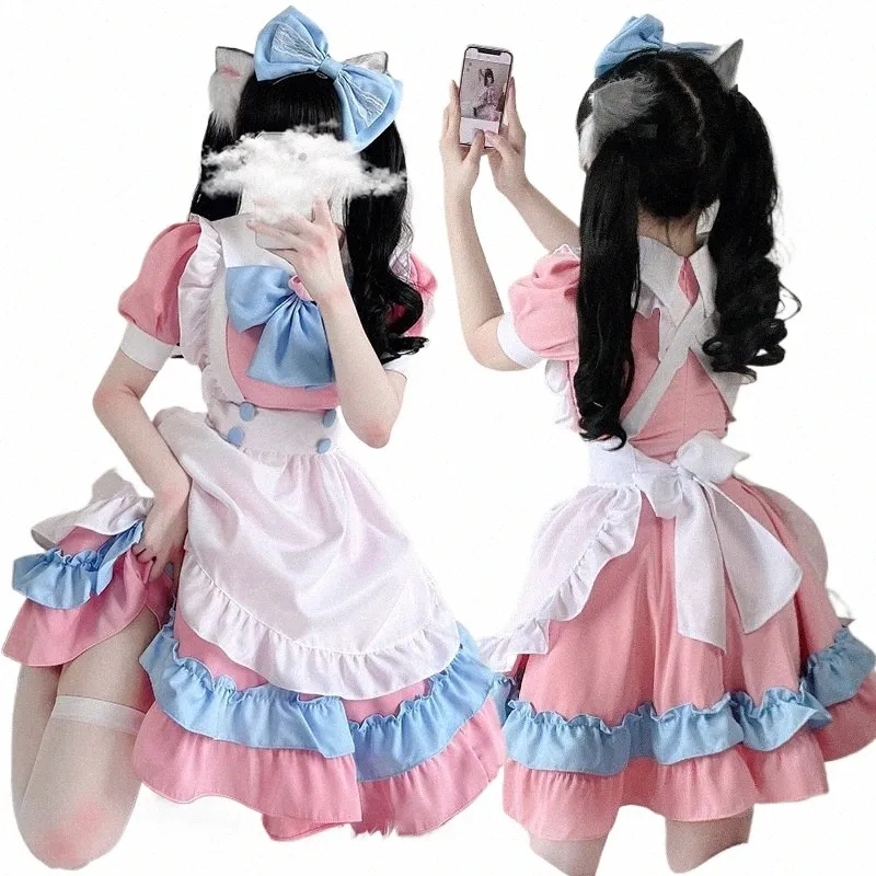 kawaii lolita anime francuska pokojówka różowa+niebieska cosplay francuska pokojówka lolita spódnica cuod japońska cosplay kostium anime 76UX#