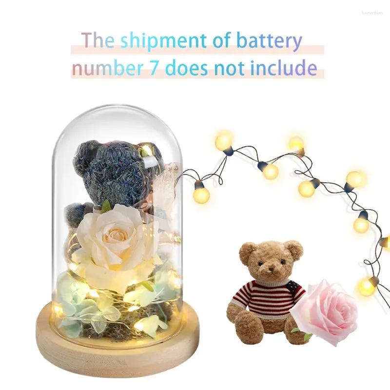 Flores decorativas rosa adorável ursinho de pelúcia em vidro eterno preservado com luz led fofo para namorada esposa mãe