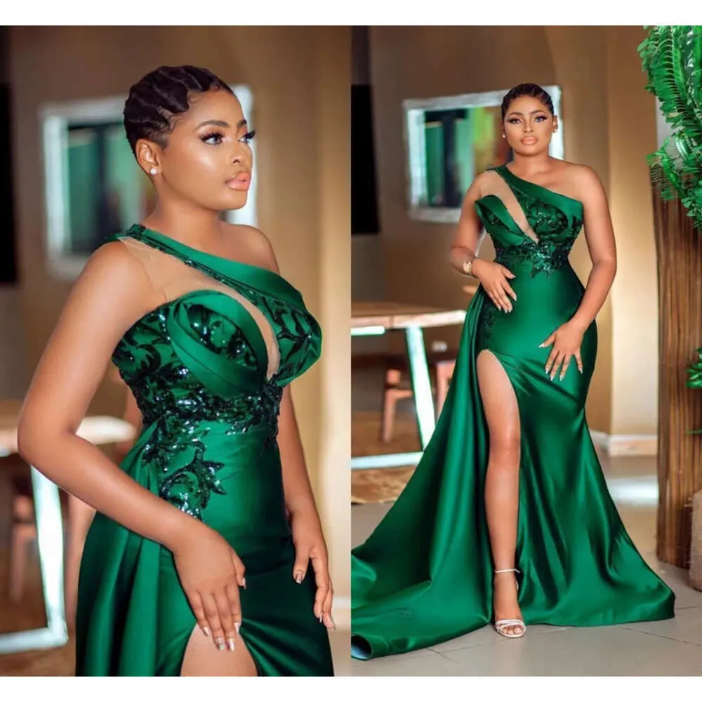 One Hunter Evening Neckline Green Shoudler Dresses 2020 High Side Split Long Sweep Vestidos De Fiesta Arabic Aso Ebi Prom Dress