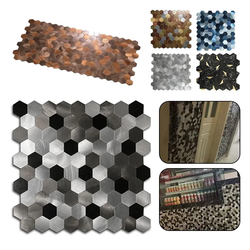 Stickers Peel and Stick Backsplash Hexagon 3D Wall Tile for Kitchen Bathroom Living Room Self Adhesive Aluminum Metal Mosaic Sticker