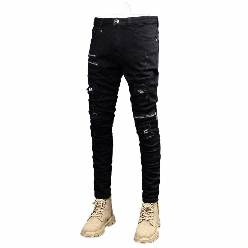 Streetwear Fi Zwarte Jeans Mannen Elastische Slim Fit Vernietigd Ripped Jeans Rits Designer Hip Hop Punk Denim Potlood Broek mannen W0Un #