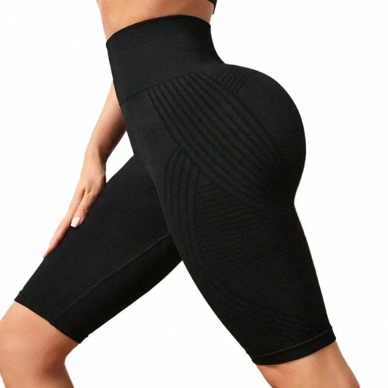 SEAML YOGA SHORTS FÖR KVINNA RIKED SHORTS Hög midja Butt Lift Elastic Slim Gym Training Running Fi Five Point Pants Q0LB#