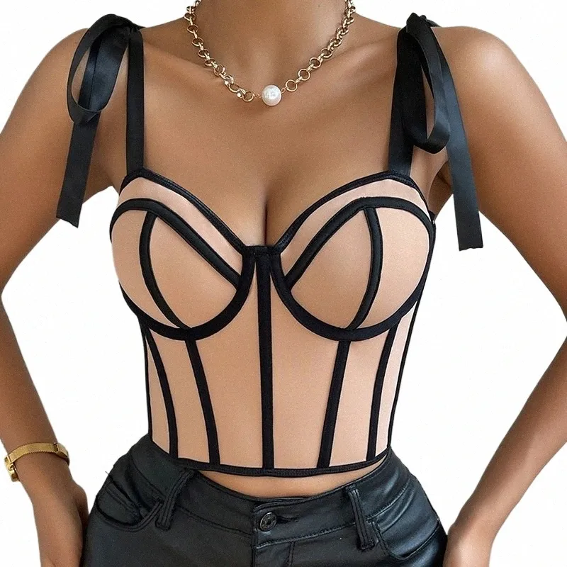 heliar Women Summer Lace Up Straps Crop Tops Patchwork Stripe Sexy Tank Top Beach Camis Streetwear Tube Tops Spring r9Gq#