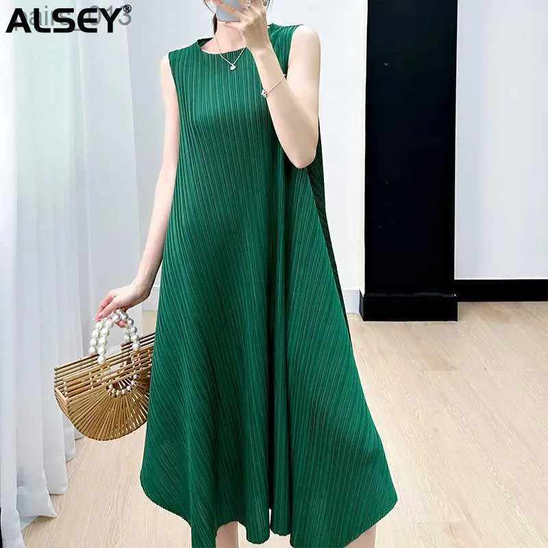 Podstawowe sukienki swobodne Alsey Miyake plisowana spódnica dla kobiet lato Nowe proste wdzięczne luźne luźne rękawie dressluxury wieczór YQ240328