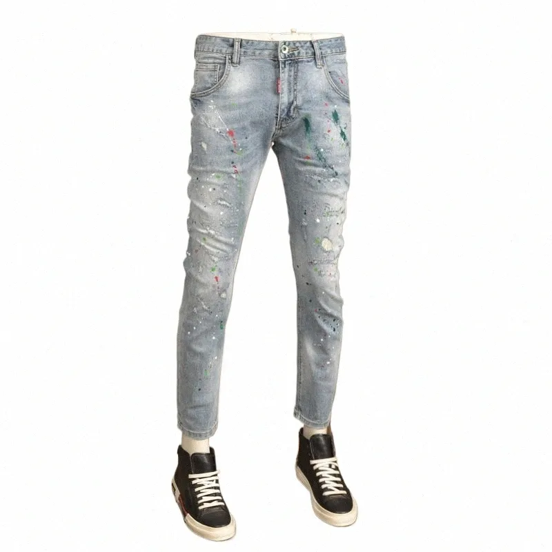 mäns rippade ljusblå jeans sommar fi målning tryckt smala passform byxor streetwear casual lappar denim byxor t6tu#