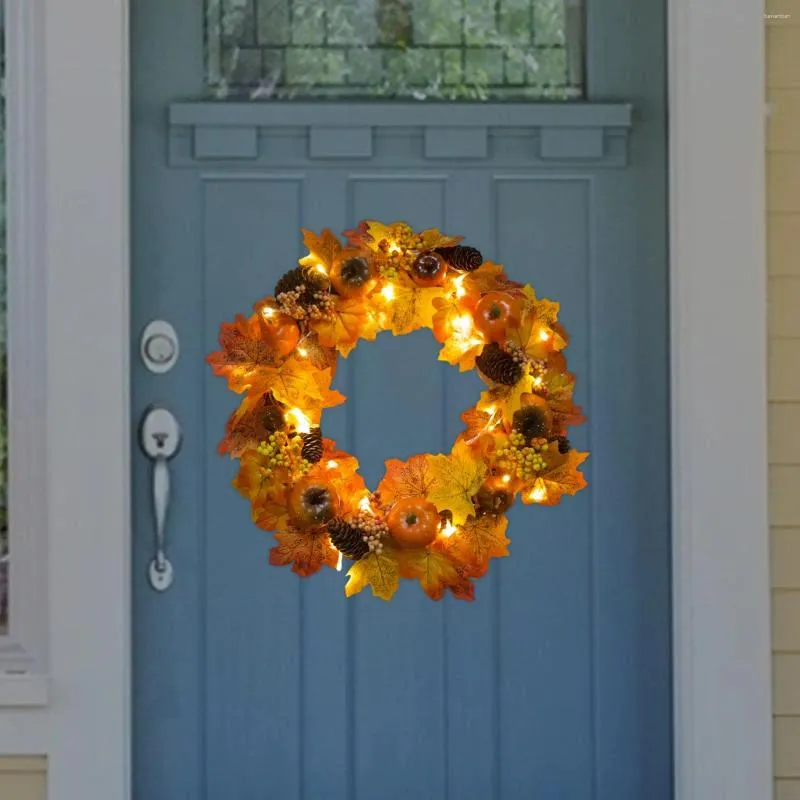 Couronne de citrouille d'automne avec fleurs décoratives, porte de récolte suspendue pour l'extérieur de la ferme et de la cour