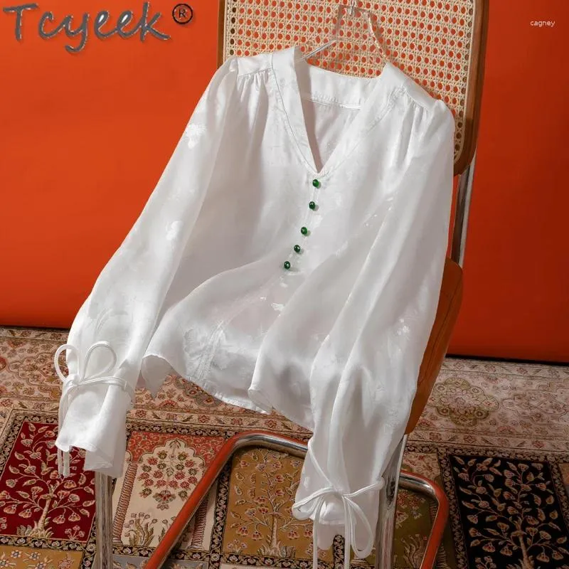 Blusas femininas blusa de seda amoreira real roupas femininas primavera verão branco topo elegante feminino com decote em v manga longa topos