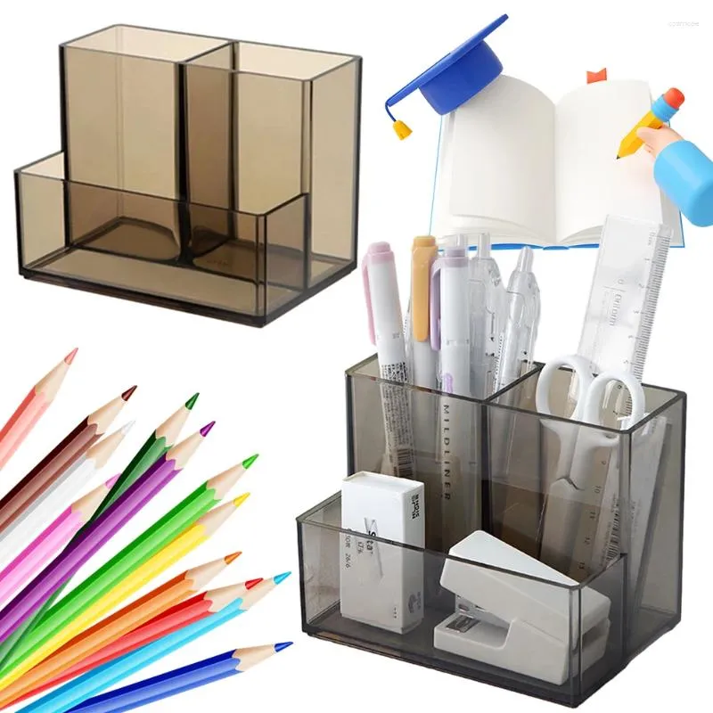 Caixas de armazenamento Porta-canetas de lápis com notas adesivas Caixa de papelaria 3 compartimentos Recipiente para suprimentos