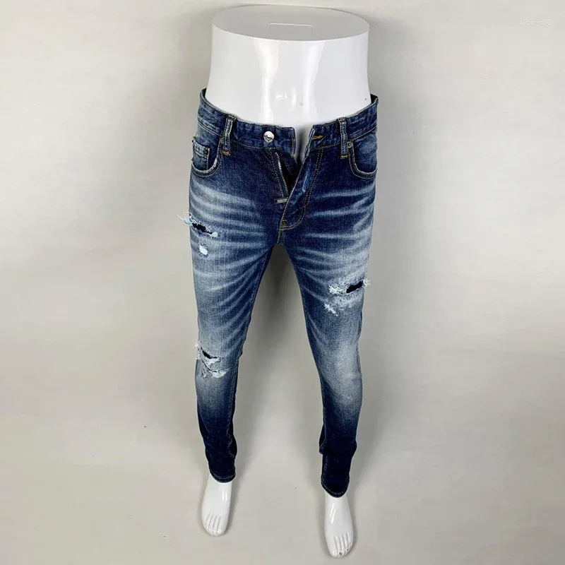 Jeans da uomo High Street Fashion Uomo Retro Blu Elasticizzato Elastico Skinny Fit Strappato Rattoppato Designer Hip Hop Pantaloni di marca Hombre