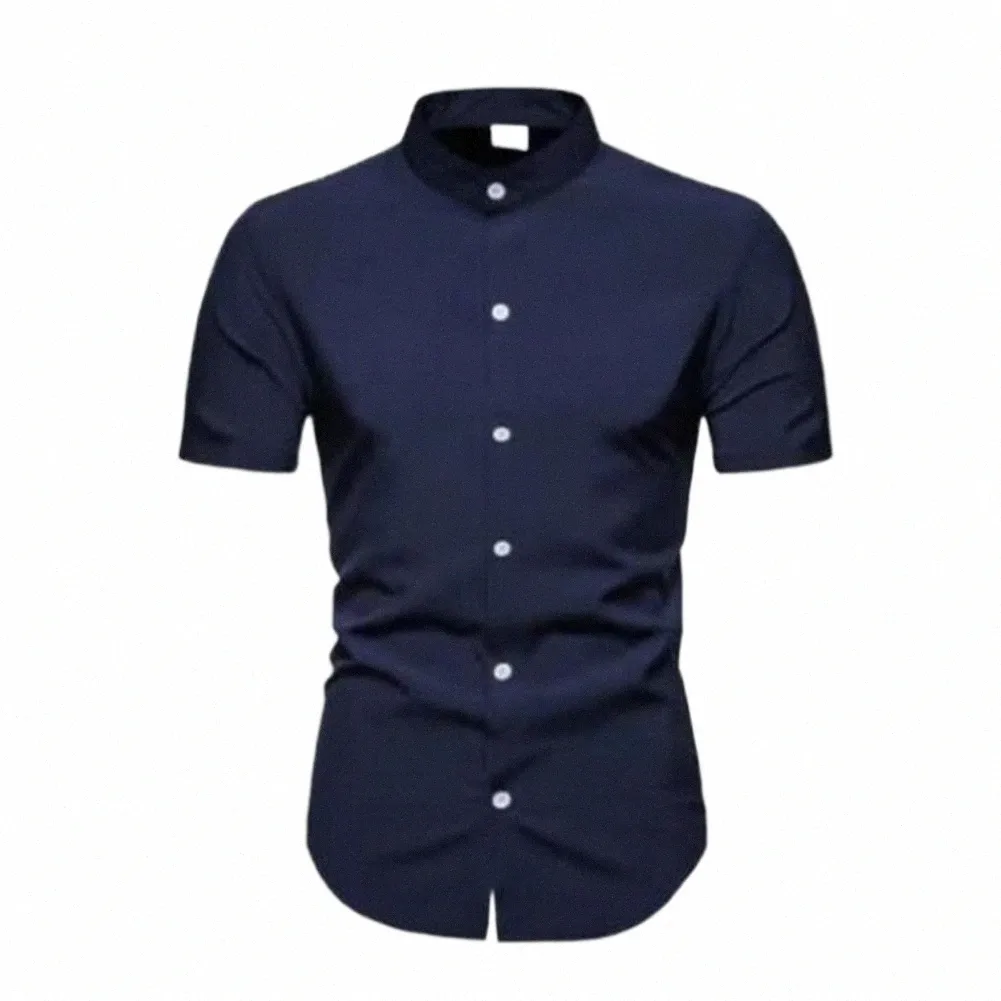 men Shirt Solid Color Soft Fabric Close-fitting Gentle Anti-pilling Stand Collar Slim Fit Short Sleeves Single-breasted Summer T E5H5#