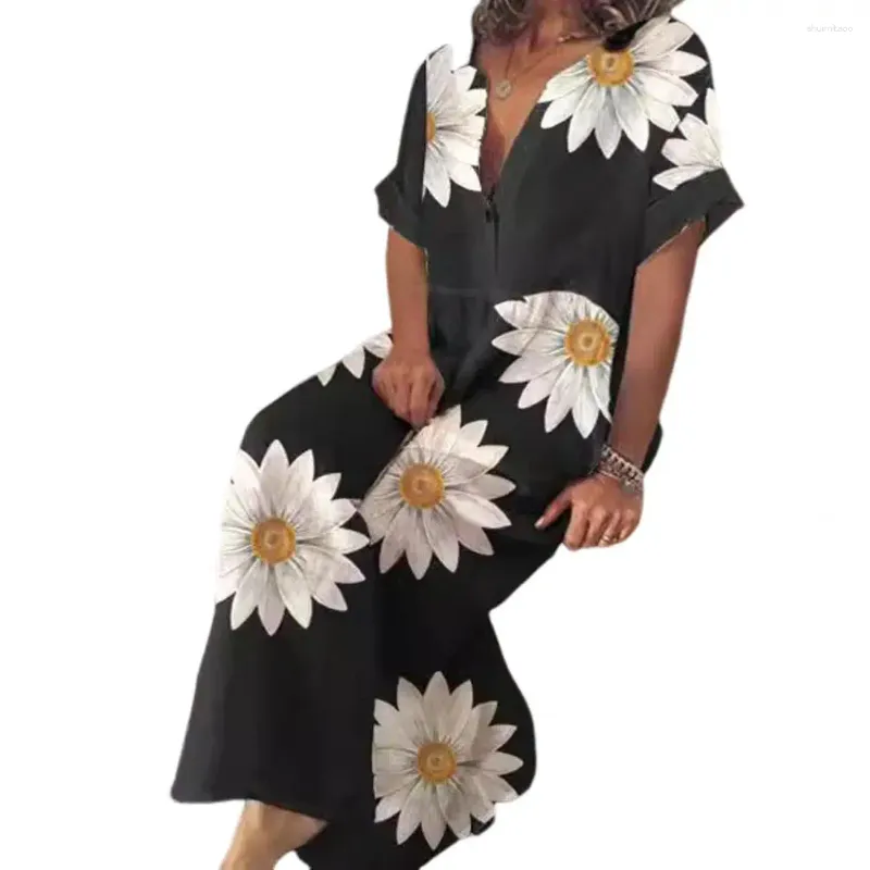 Casual jurken Losvallende jurk Boheemse stijl Bloemenprint Maxi voor dames Korte mouw V-hals Knop A-lijn Vakantie Strand Zacht