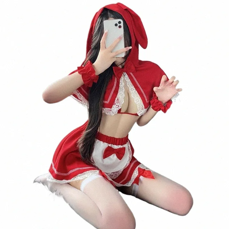 ojbk Weihnachten Cosplay Kostüme Mädchen Drei-Punkt-Dessous-Outfit Red Santa Maid Outfits Offene Brust mit Spitzenrock Uniform 2022 a9P3 #