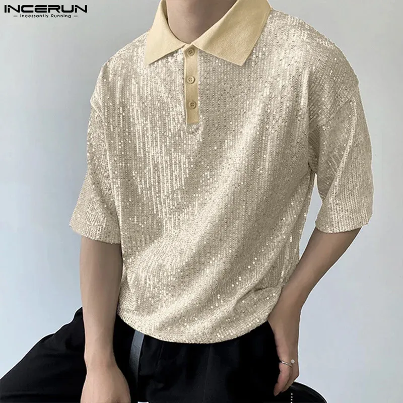 Incerun Tops韓国スタイルのメンズラペルスパンコンブラウスファッションカジュアルマレイパーティー半袖ボタンシャツS-5XL 240312