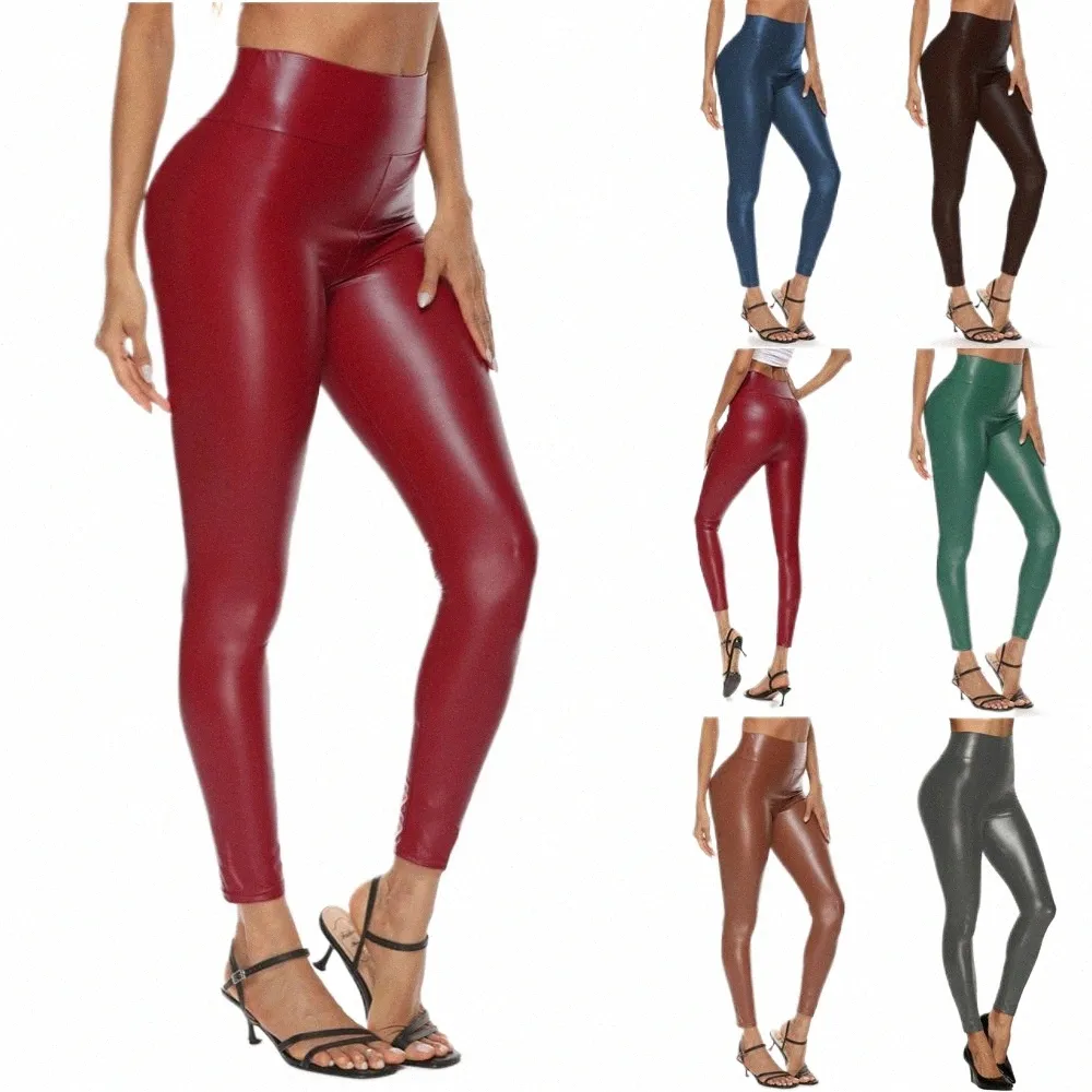 Pantaloni in ecopelle colorati Pantaloni a vita alta da donna skinny con sollevamento dell'anca Leggings a matita Jeggings Pantaloni in pelle imitati estensibili P5Yr #