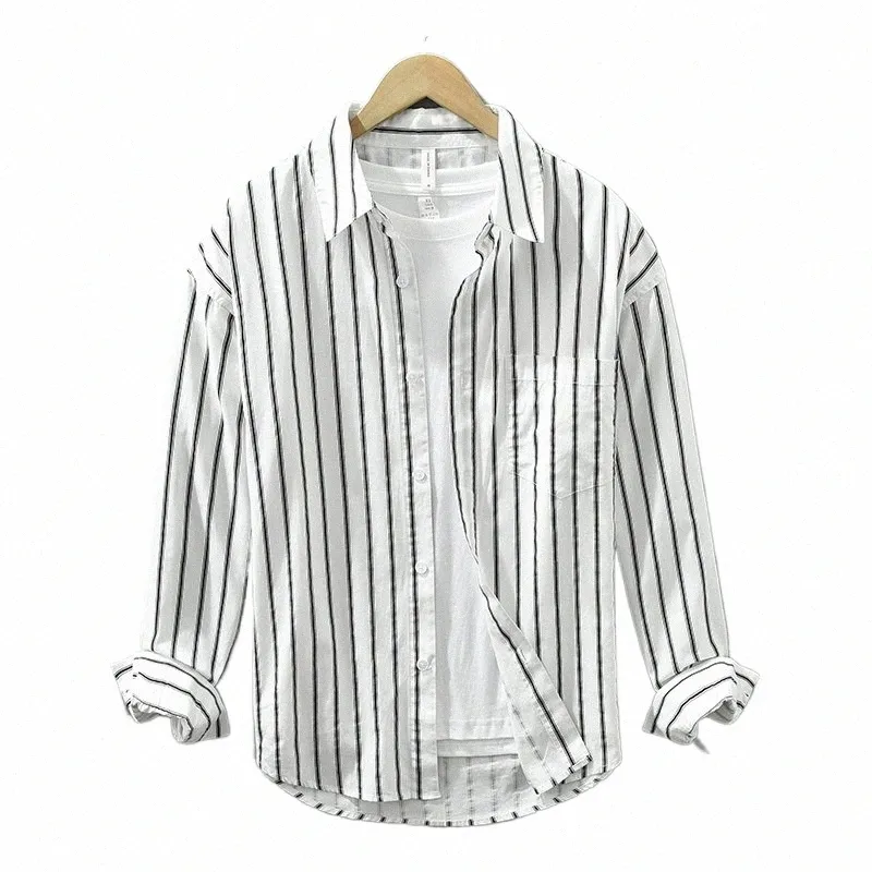2023 primavera novas camisas listradas brancas para homens casual lg manga cott tops masculino turn-down colarinho butt up camisa s02q #