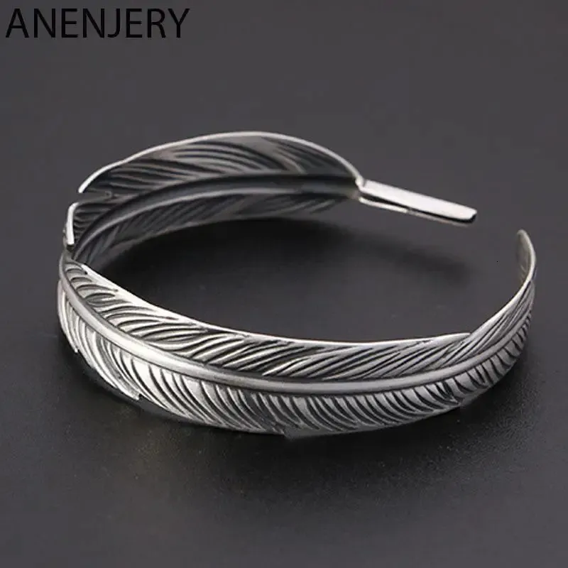 ANENJERY Silver Color Feather Wide Cuff Bracelets Bangles For Women Men Personality Vintage Thai Silver Jewelry 240313