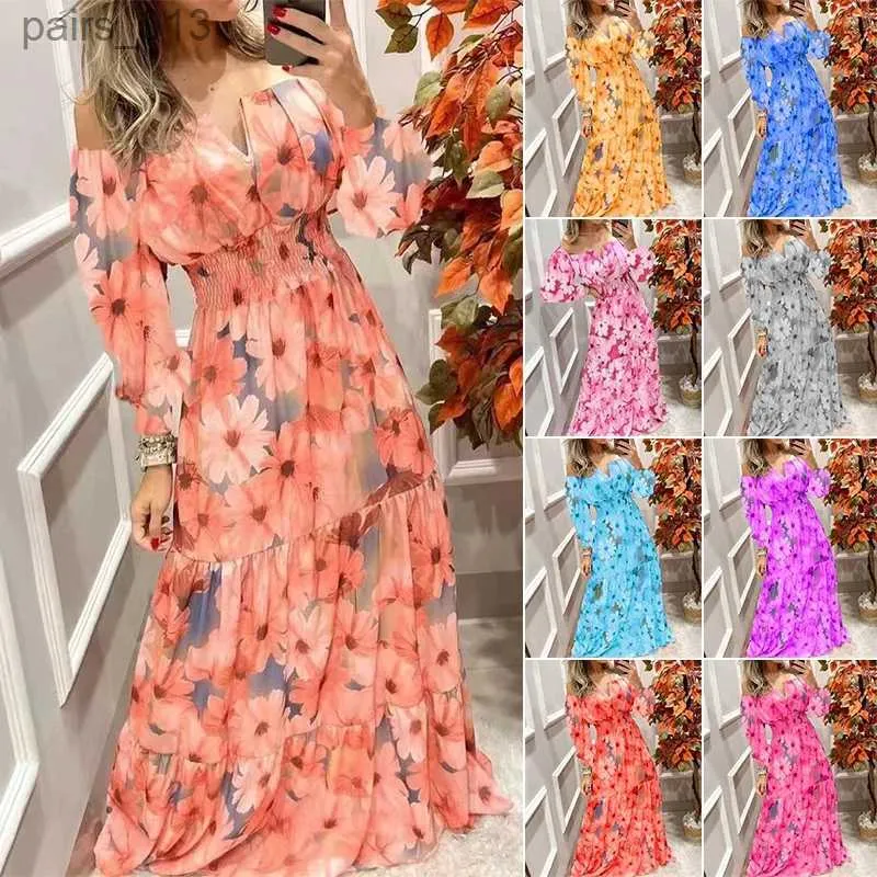 Basic Casual Dresses Women Fashion Spring And Autumn One-Shoulder Floral Long-Sleeved Off-The-Shoulder V-Neck Waist Long Retro Bohemian Beach Dress yq240328
