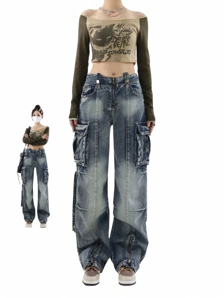 Jeans cargo blu da donna Y2k Pantaloni coreani a vita alta a gamba larga in denim Harajuku anni '90 Pantaloni larghi vintage Jean anni 2000 Abiti grunge 97Z6 #