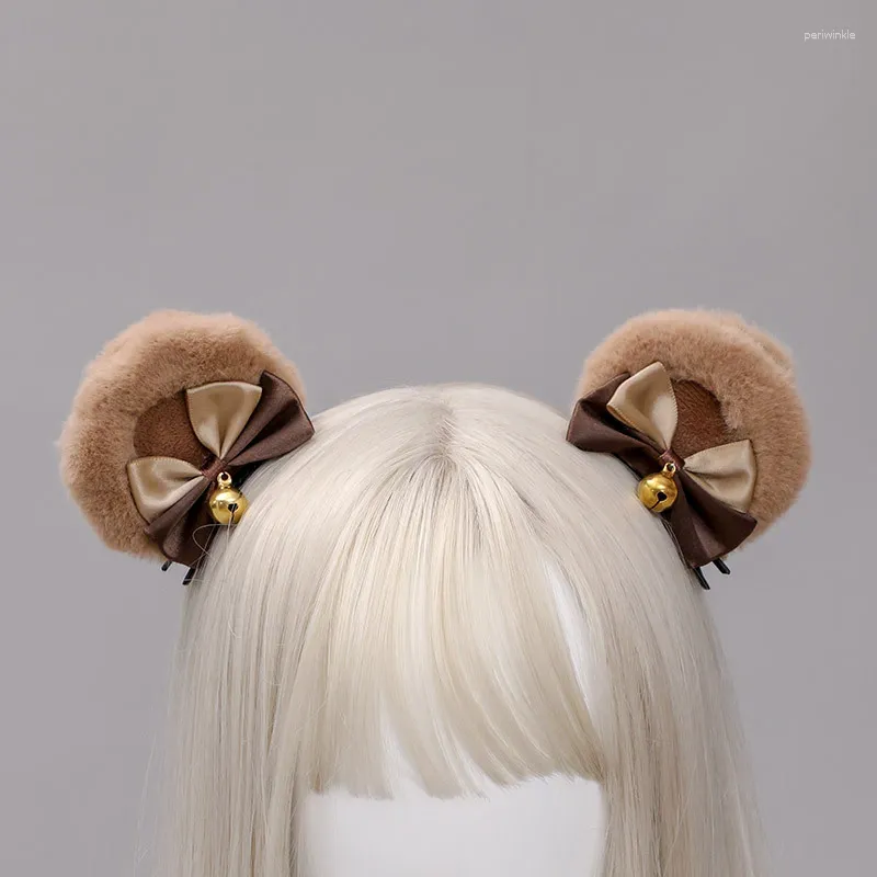 Party Supplies Round Bear Ears Hair Clips Faux Fur Sweet Double Bowknot Bell Plush Animal Hairpins Anime Lolita Kawaii Cosplay Barrette