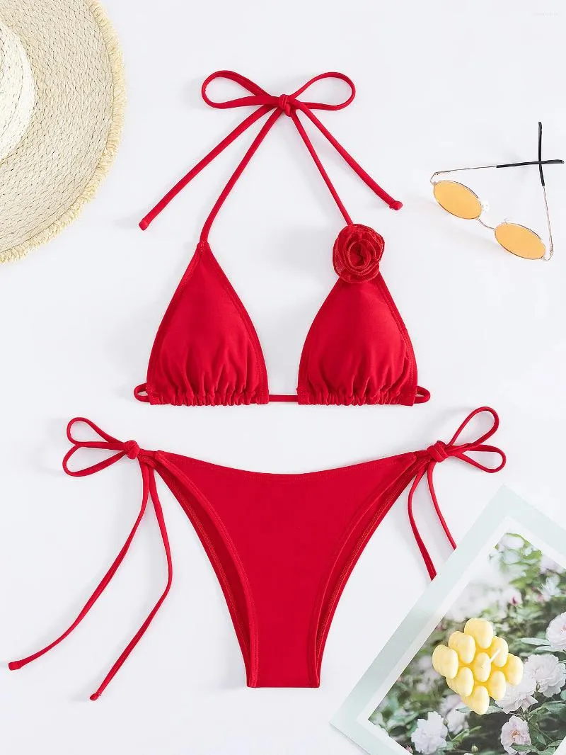 Damen-Badebekleidung, sexy 3D-rote Blume, Neckholder, String-Bikini, zweiteilig, mit Krawatte, Tanga mit hoher Taille, Badeanzüge für Damen, Biquini-Badeanzüge