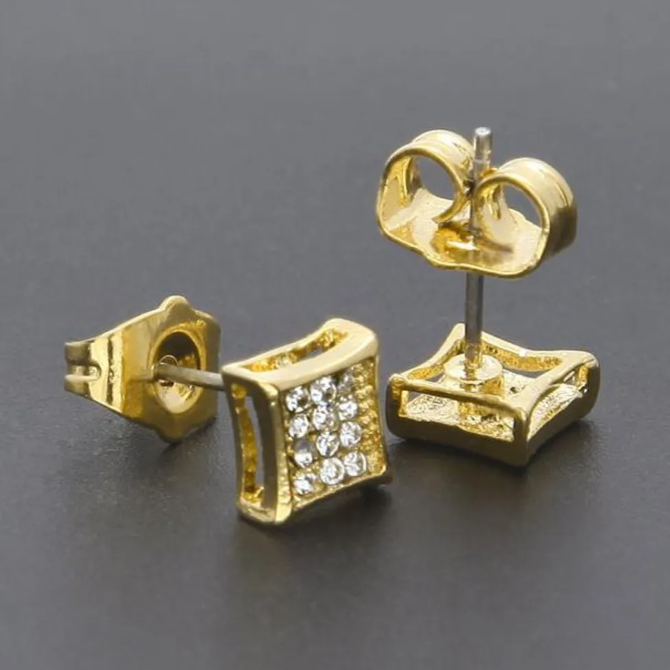 3 Row Micro Pave Bling Square Stud Earrings for Men Women Gold Plated Iced Out Cubic Zirconia CZ Stone Screw Back Earrings Gift Ne279l