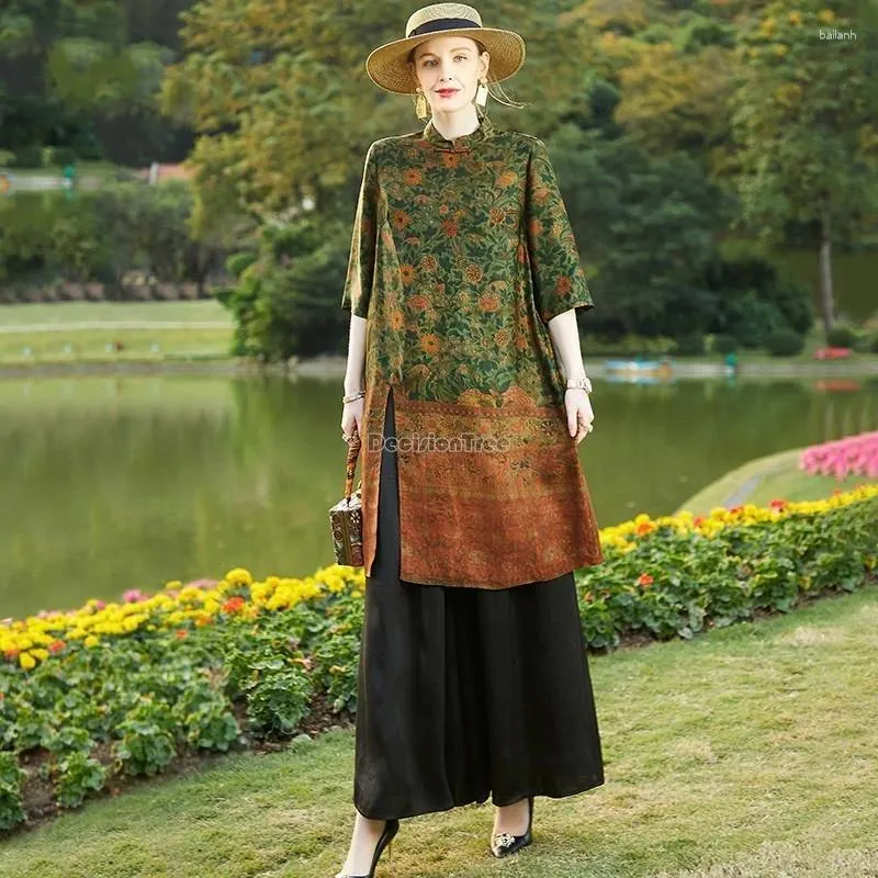 Vêtements ethniques 2024 Printemps Style chinois Col debout Rétro Long Imprimé Tang Costume Chemise Pantalon à jambes larges Deux pièces Lâche Femmes W290