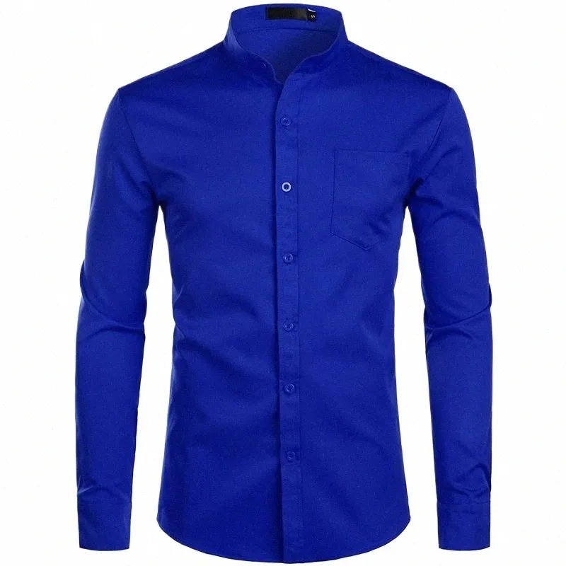 Hommes Royal Blue Dr Chemises 2022 Marque Banded Mandarin Col Chemise Homme Lg Manches Casual Butt Down Chemise avec Poche 2XL 87ov #