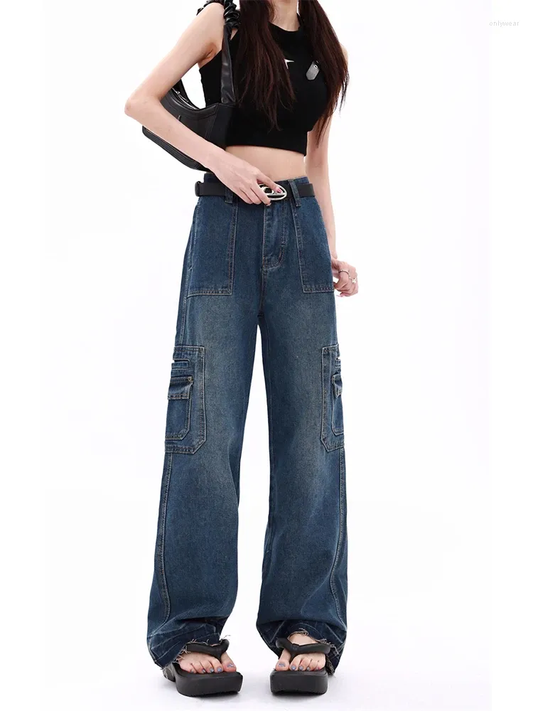 Damen Jeans WCFCX STUDIO Multi-Pocket Vintage Streetwear Korean Y2K Baggy Cargo High Waist Straight Wide Leg Pants Denim Hose