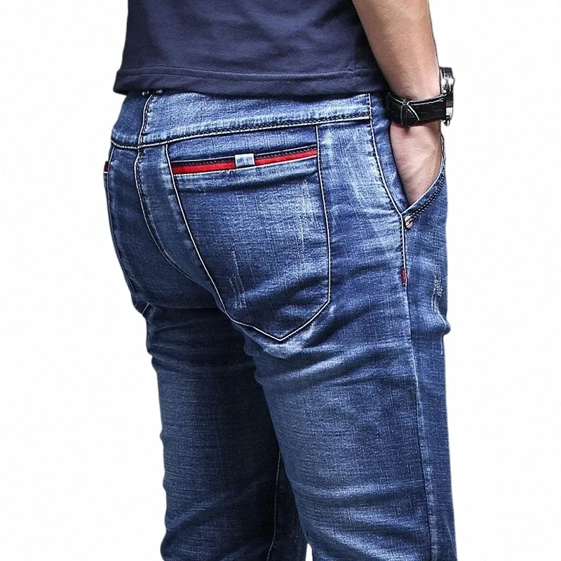 Herren FI Stretch Jeans Four Seass Regular Busin Casual Straight Hosen Klassische blaue Denim Hosen Kleidung U1sB #