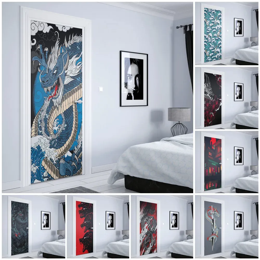 Stickers Japan warrior Scenic ocean waves dragon Aesthetic Vinyl Wall Decals DIY Door stickers Door decoration posters Home Decoration