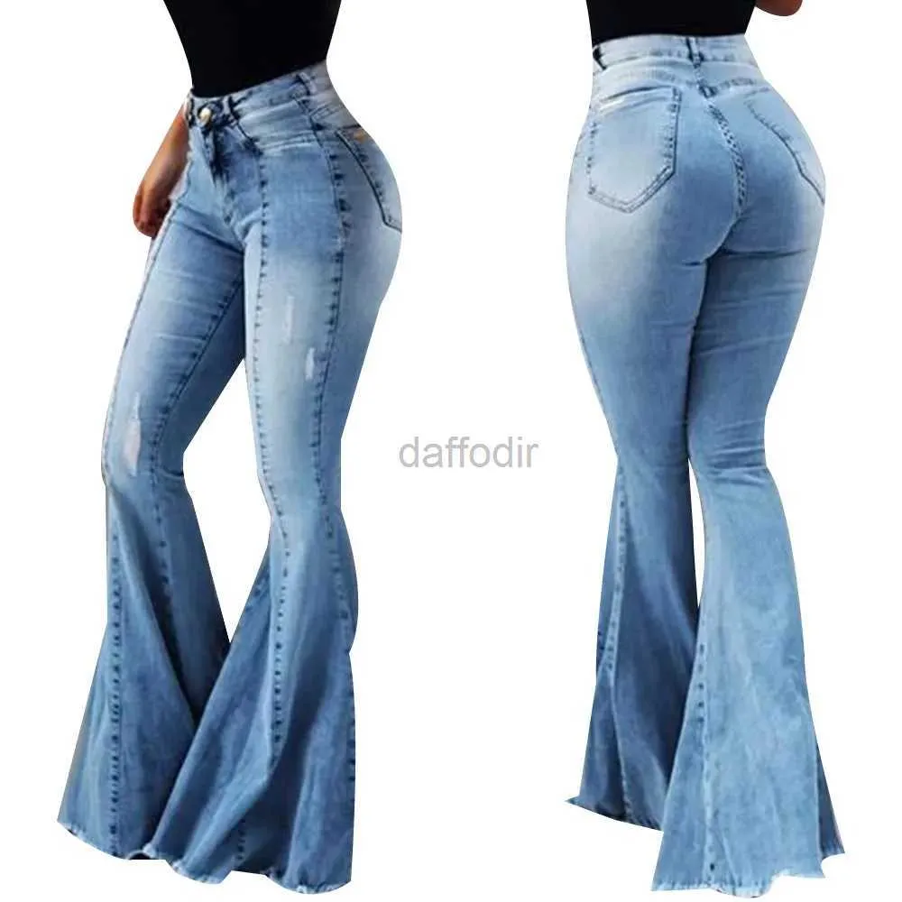 Jeans Femme Femmes jean coupe ajustée Denim pantalon cloche bas taille haute Bootleg jean Stretch femme Flare pantalon mode jambe large déchiré jean 24328