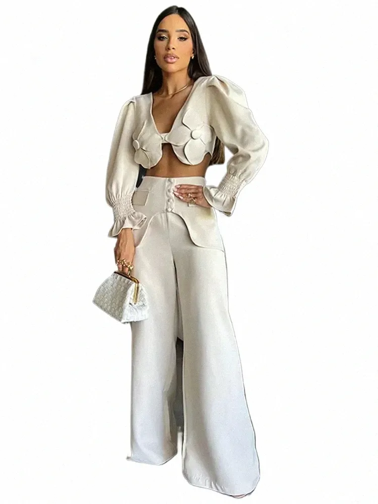 women's Hollow Out 3d Fr Pant 2-piece Set Sexy V Neck Backl Crop Top Wide Leg Pants Suit Spring New Lady Elegant Outfits y10g#