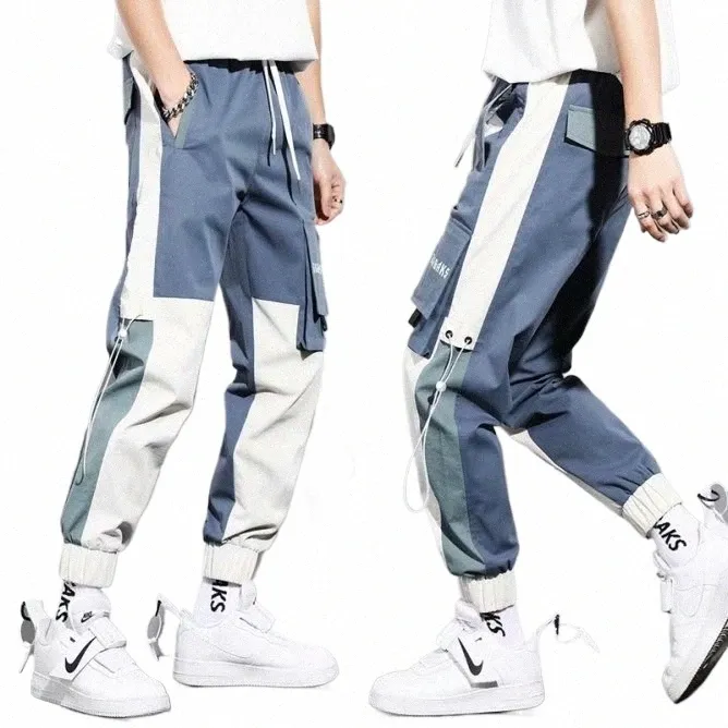 Pantalon cargo pour hommes Casual Hip Hop Hit Couleur Pantalon à poches multiples Streetwear Ribbs Techwear Pantalon de survêtement j8Na #