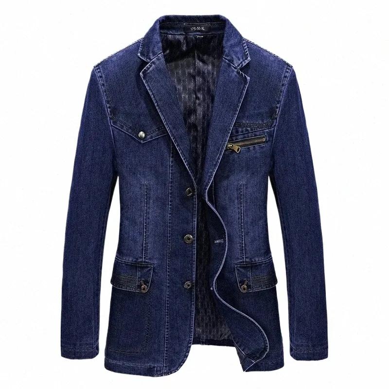 Mens Denim Blazer Jacket Stylish Spring Business Casual Suit