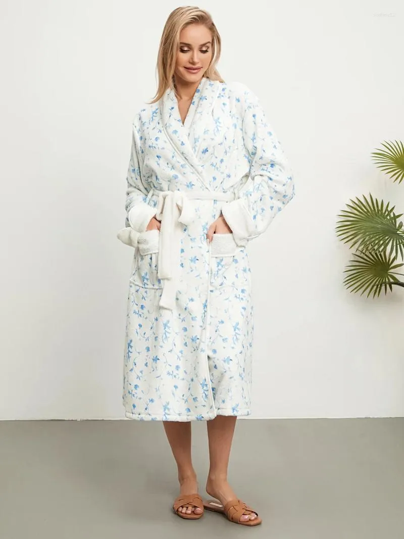 Casa roupas femininas roupão de lã de pelúcia estampa floral spa casa robe com cinto macio quente pijama pijamas