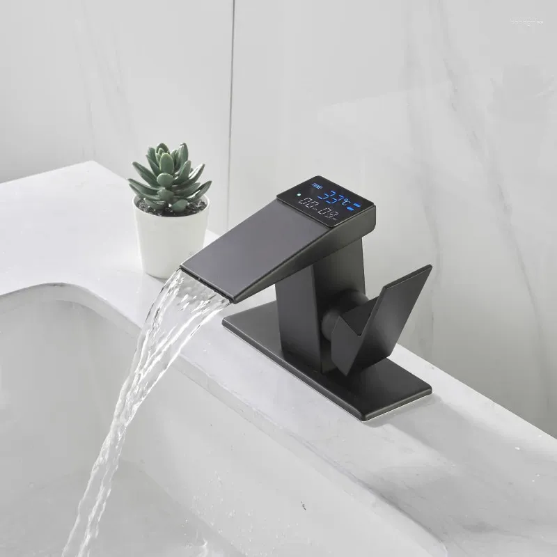 Banyo Lavabo muslukları Akıllı musluk dijital LED sıcaklık ekran siyah soğuk şelale yıkama havzası su karıştırıcı paslanmaz çelik varış