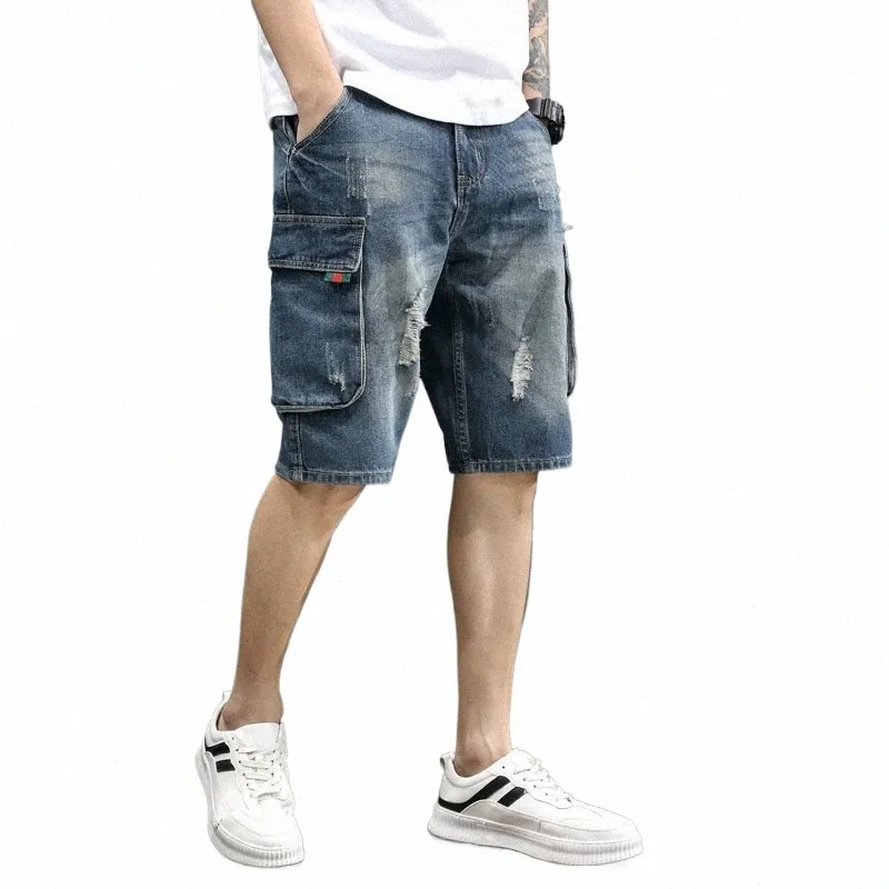 Летние мужские укороченные джинсовые шорты, свободные корейские джинсы с отверстиями, шорты v1r9 #