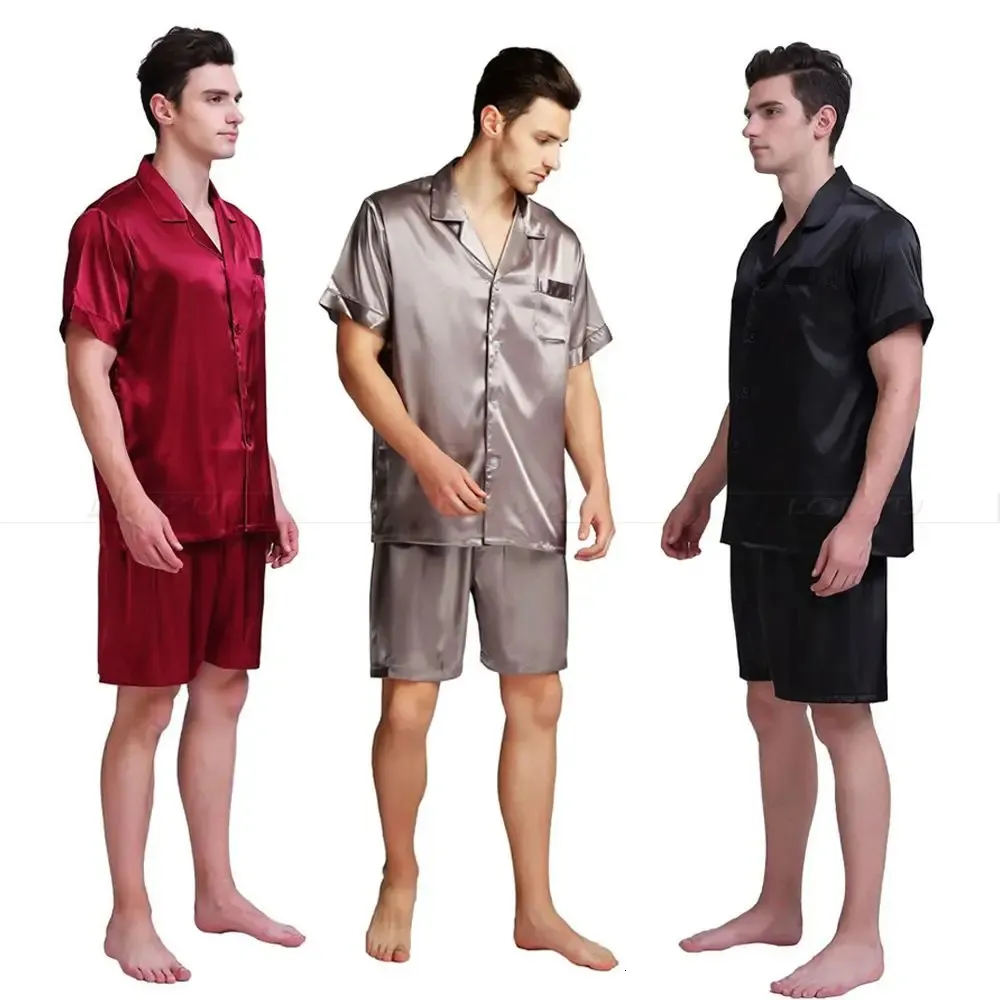 Pijamas de cetim de seda masculinos pijamas conjunto curto conjunto loungewear U.S.S.SMLXL2XL3XL4XL Solid__s 240314