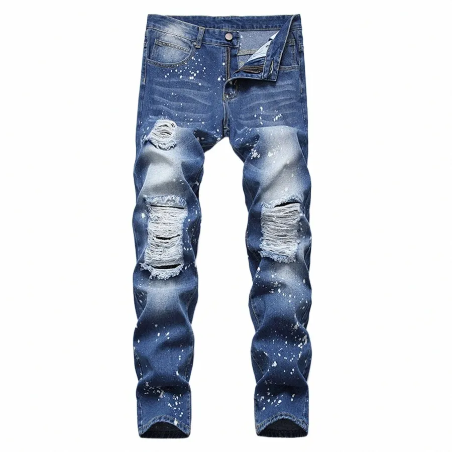 Primavera masculina e verão casual jeans rasgados perna reta Fi calças E para homens 1 ano B74F #