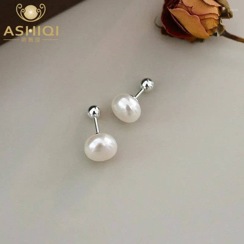 Orecchini a bottone ASHIQI perla d'acqua dolce naturale con fibbia a spirale in argento sterling 925 per donna stile coreano