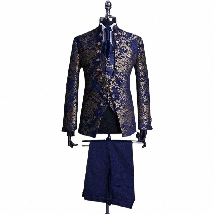 Costumes de mariage en jacquard floral pour hommes avec col montant double boutonnage bleu marine formel marié veste de smoking gilet pantalon 3 pièces i7OJ #