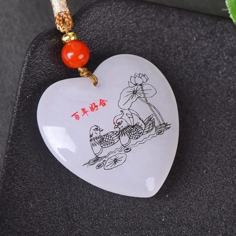 Pendants Natural White Jade Heart Pendant Necklace Women Fine Jewelry Golden Silk Jades Mandarin Duck Love Lucky Charms Amulets