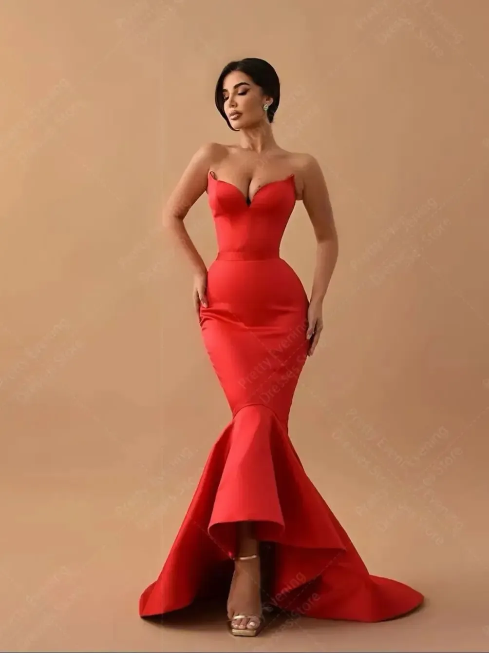 strapless open back dress Trumpet Off Shoulder V-Neck Sleeveless Red Satin Long Prom Dress, Slit