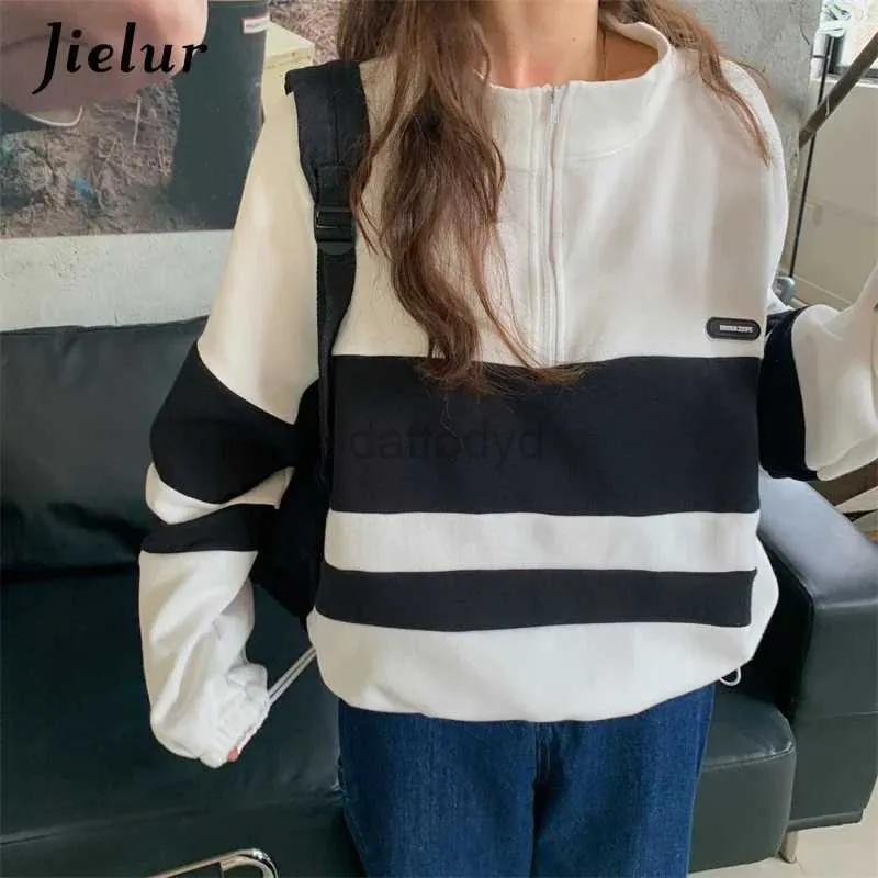 Women's Hoodies Sweatshirts Jielur Spell Color Stripe Sweatshirt Women Autumn Street Cool Loose Pullover Zipper Female White Black Gray S-L Size 24328