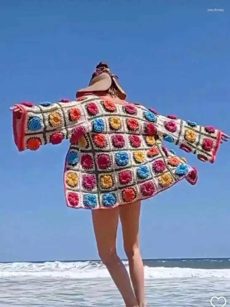 Suéter feminino inspirado em boho, manga comprida, tricotado floral 3d, cardigã solto, estilo boêmio, feito à mão