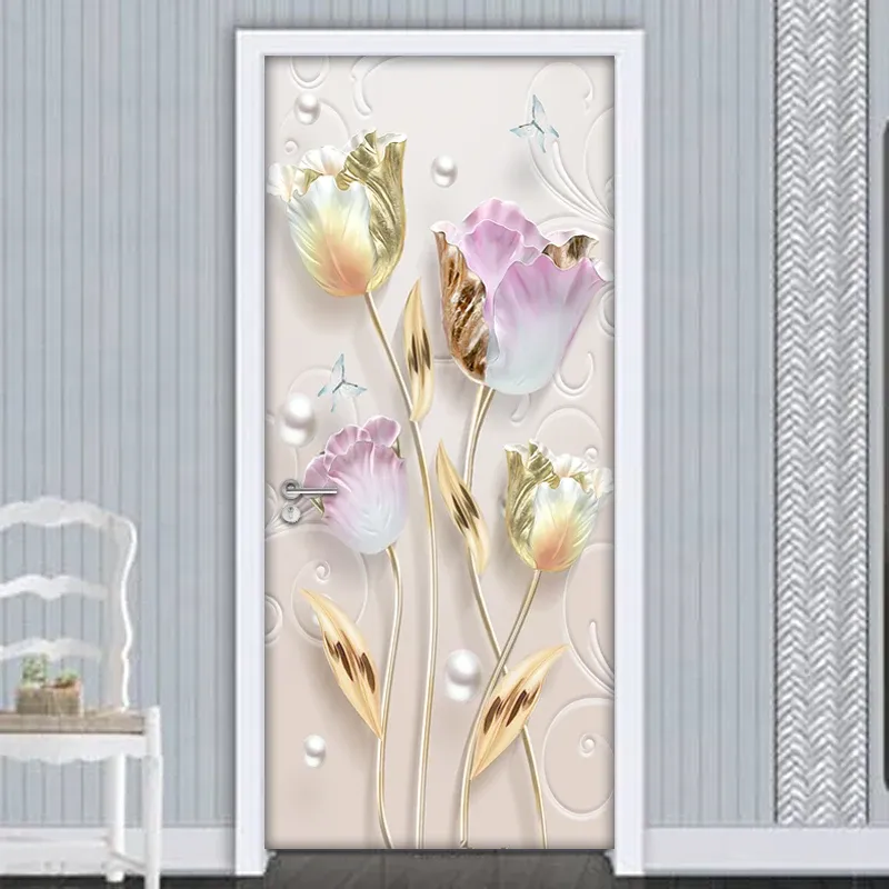 Autocollants 3D stéréoscopiques tulipes fleurs porte autocollant stickers muraux bricolage auto-adhésif imperméable vinyle papier peint affiche porte murale décor à la maison